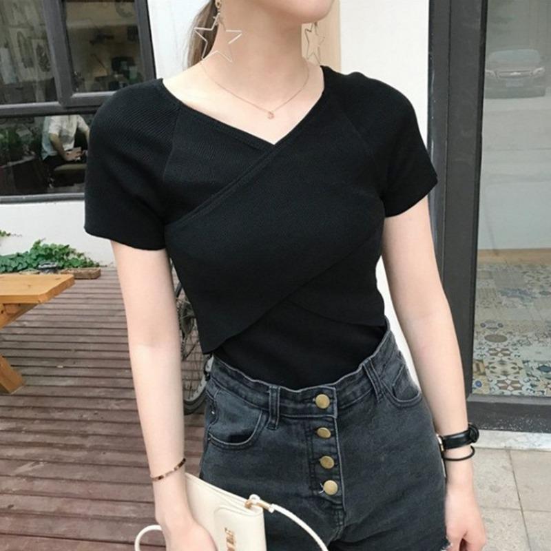 Women Fashion V-Neck Crisscross Tops Front Short Sleeve T-Shirt Sexy Slim Shirts
