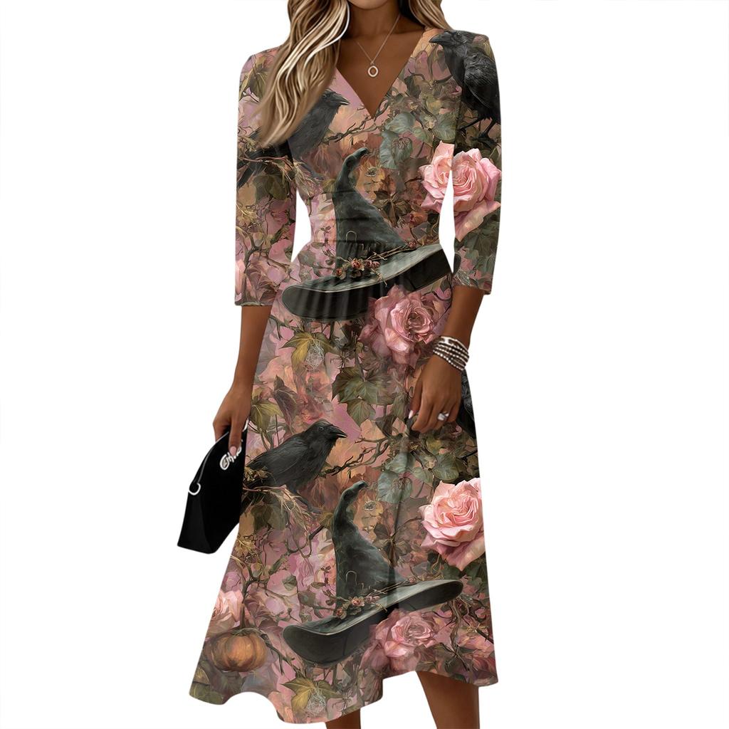Women's Casual V Neck Midi Dress with Three Quarter Sleeves and Back Zipper Floral Print Lightweight Fabric for Everyday Wear