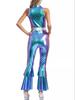 Mono de Mujer de Cuero Sintético con Bloques de Color, Ropa de Club Elástica Estilo Disco