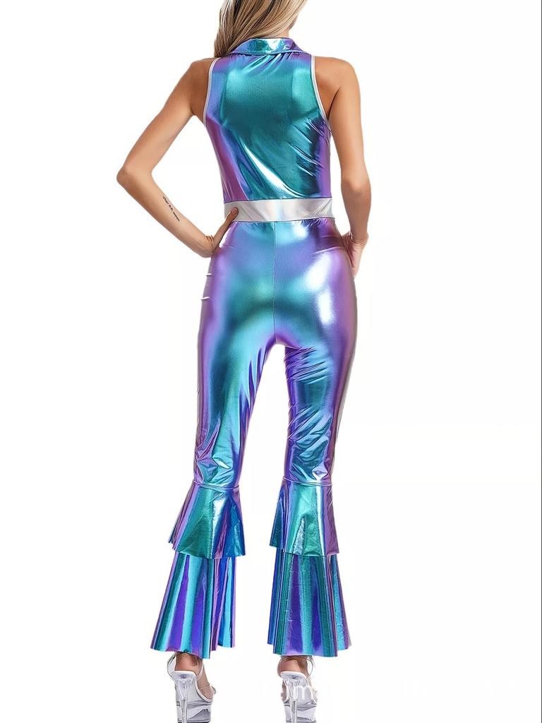 Mono de Mujer de Cuero Sintético con Bloques de Color, Ropa de Club Elástica Estilo Disco