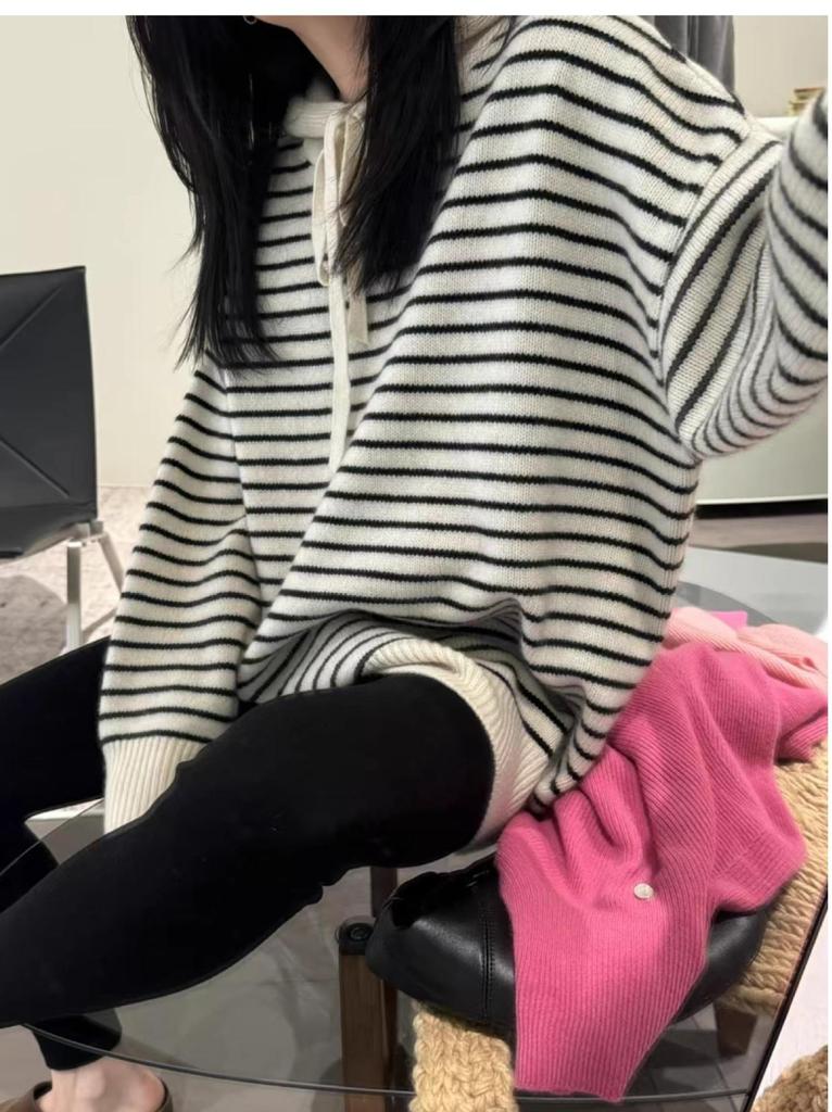 Korean Style Women's Color Block 100% Wool Striped Hooded Sweater, Winter Mid-Length Slimming Hoodie