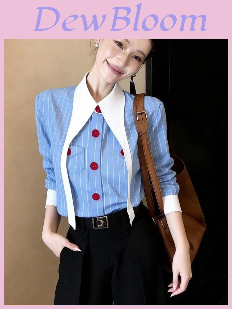 Spring Blue Striped Shirt For Women With 3d Effect And Offshoulder Design