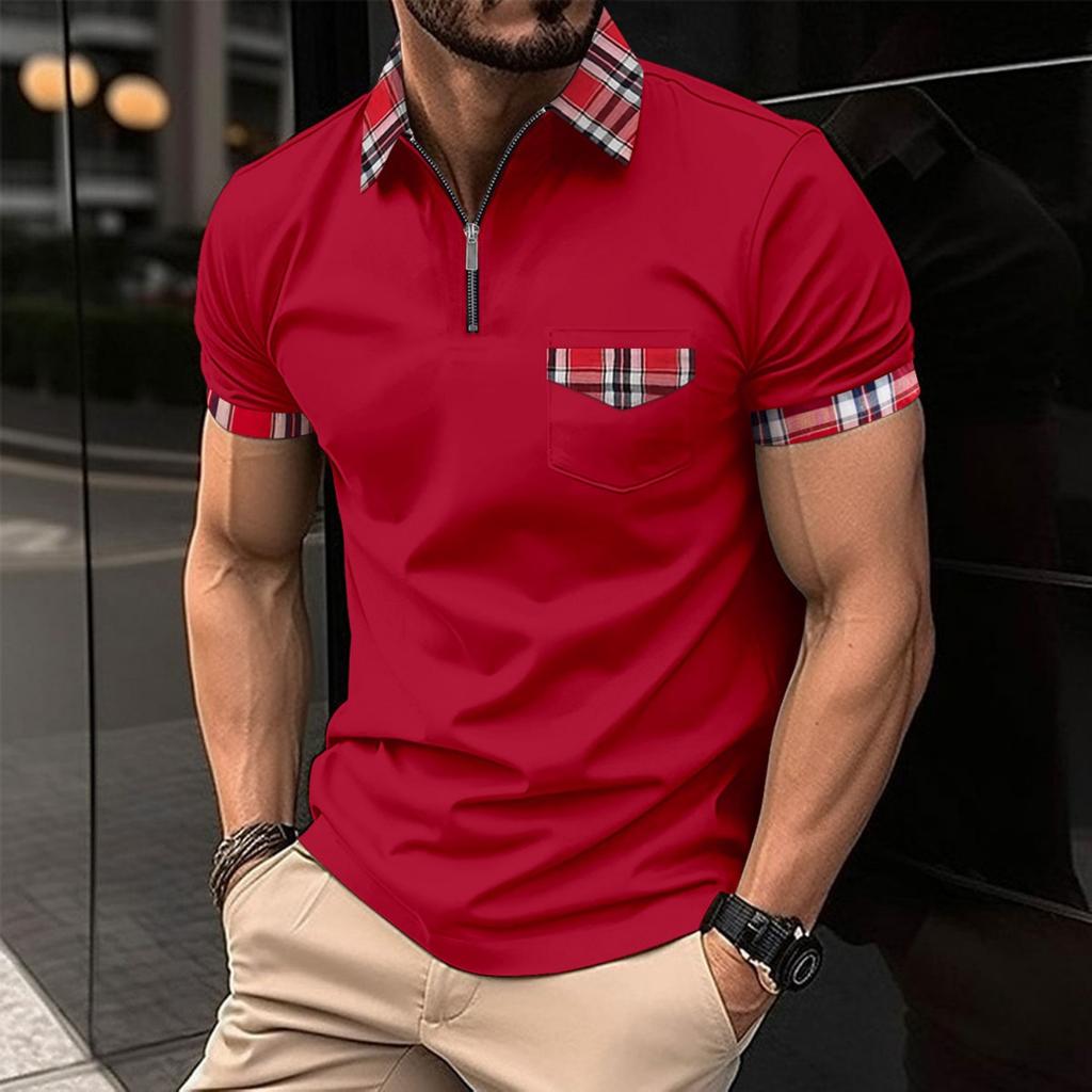 Neues Herren einfarbiges Collage-Taschen-Revers-Reißverschluss-Alltags-Freizeit-Kurzarm-Poloshirt
