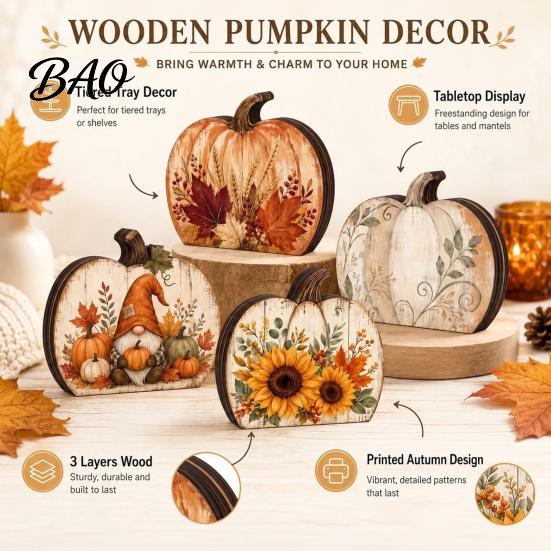Rustic Wood Craft Decor Thanksgiving Fall Pumpkin Table Decoration, Block Wooden Sign, Autumn Vintage Gift for Home Farmhouse Tabletop Centerpiece