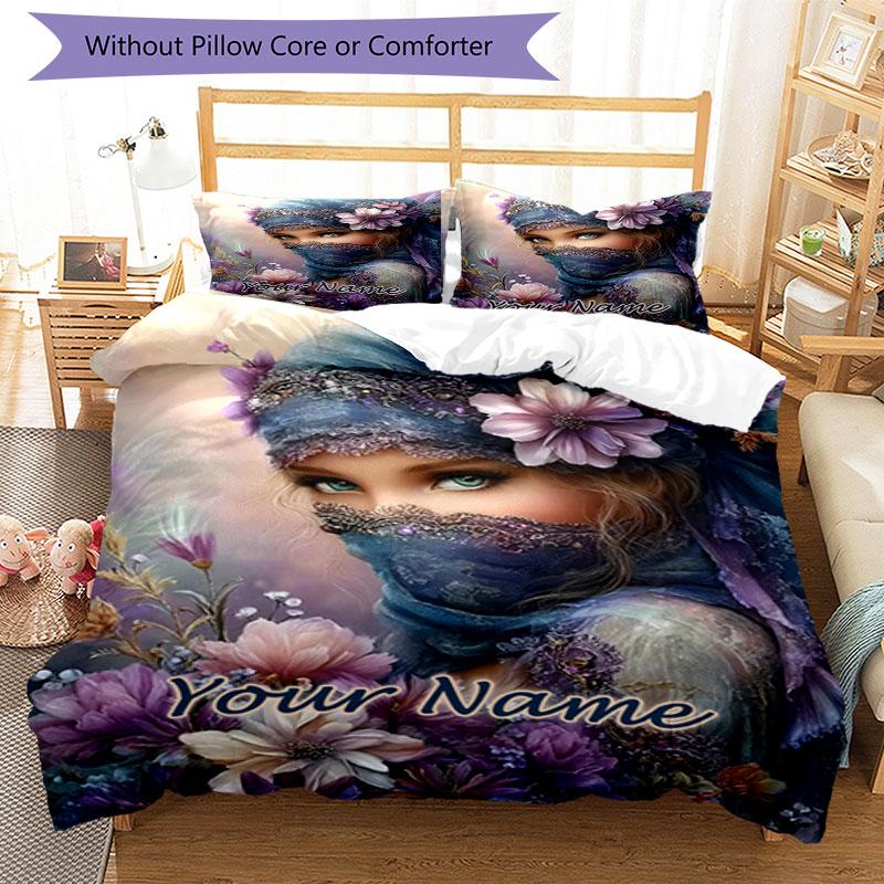 3pcs Custom Name Fantasy Floral Portrait Bedding Set Printed Bedding Set Duvet Cover Closure Includes 1 Duvet Cover & 2 Pillowcases Bedroom Decor