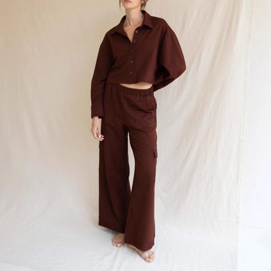 Ladies' Four Seasons Versatile Casual Waist Top with Three Dimensional Pocket Work Pants Retro Two Piece Set