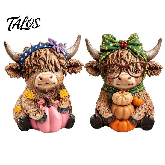 Country Home Ornament 2PCS Highland Cow Ornament, Wooden Rustic Style Figurine, Thanksgiving Figurines Theme Wood Art, for Entrance Living Room Decor