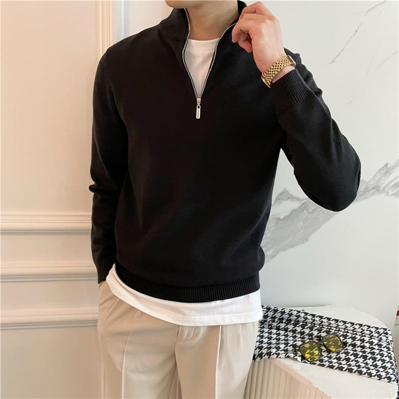 Men Half Zipper Long Sleeve Solid Color Business Fitted Knit Sweater Bottoming Shirt