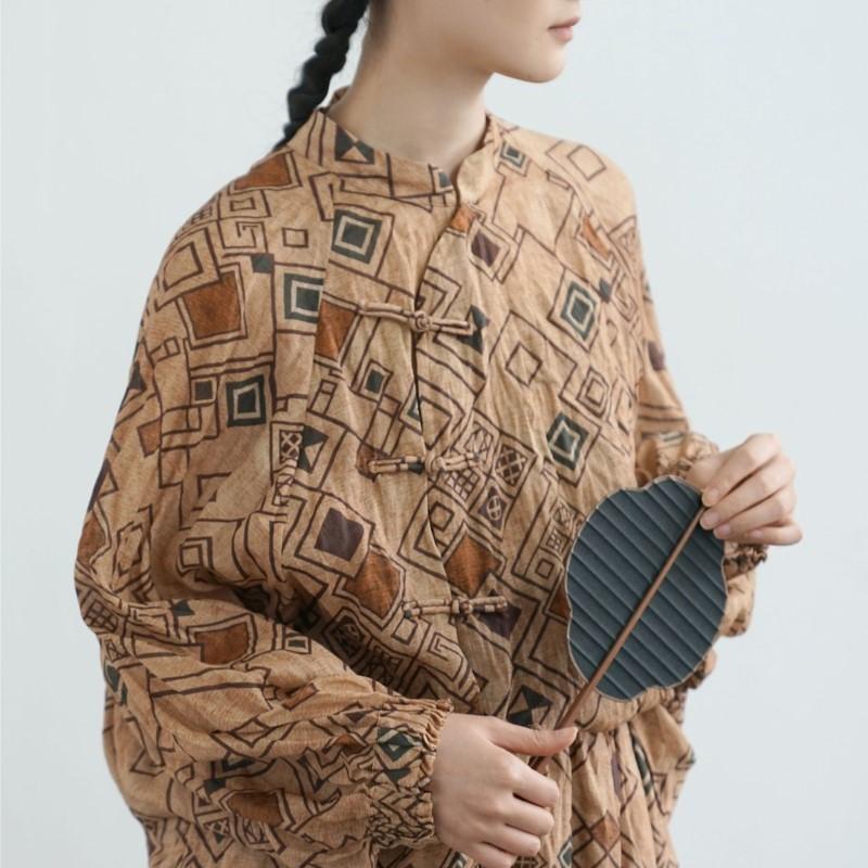 Johnature Women Vintage Shirts Plaid Stand Bat Sleeve Blouses Spring Button Chinese Style Loose Button Shirts