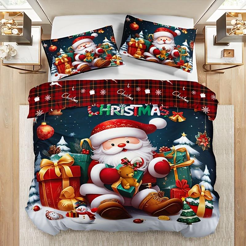 3pcs Christmas Bedding Set - Santa & Snowman Print Duvet Cover and Pillowcases, Breathable Polyester, Machine Washable