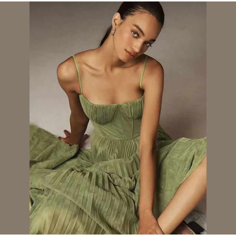 Damen Sexy Trägerloses Ausgeschnittenes A-Linien Langes Kleid Lässig Ärmellos Rückenfrei Reißverschluss Trägerkleid Neu Frühling Sommer Einfarbig Plissierte Kleider