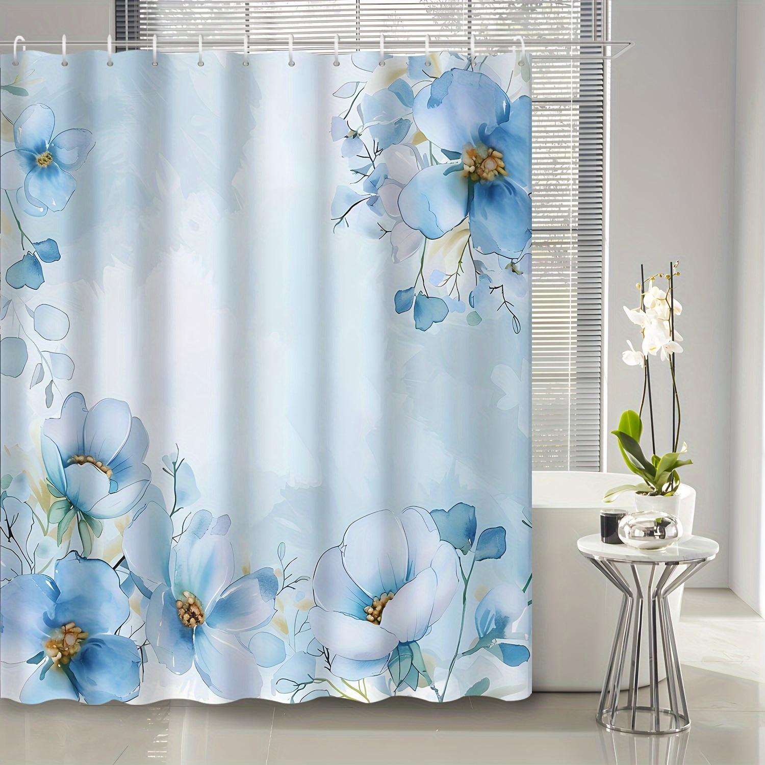 

1 шт. Синяя шторка для душа с акварельным принтом незабудок на художественную тематику, полиэстер, с крючками, можно стирать в машине 90X180cm