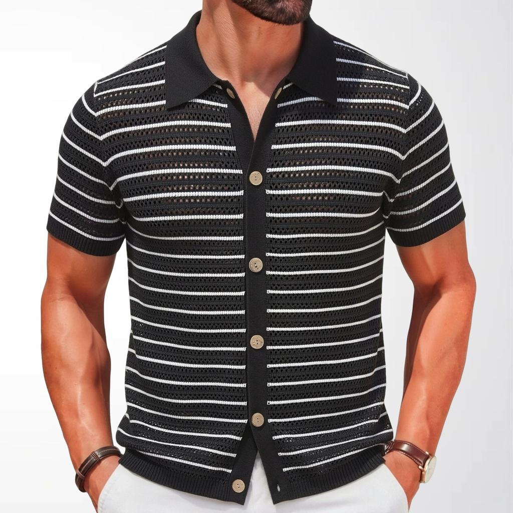 Striped Knit Shirts Short for Men Sleeve Button Down Polo Shirt Summer Beach Casual Shirt Tops Men's Breathable Lightweight Vacation Vintage Shirts