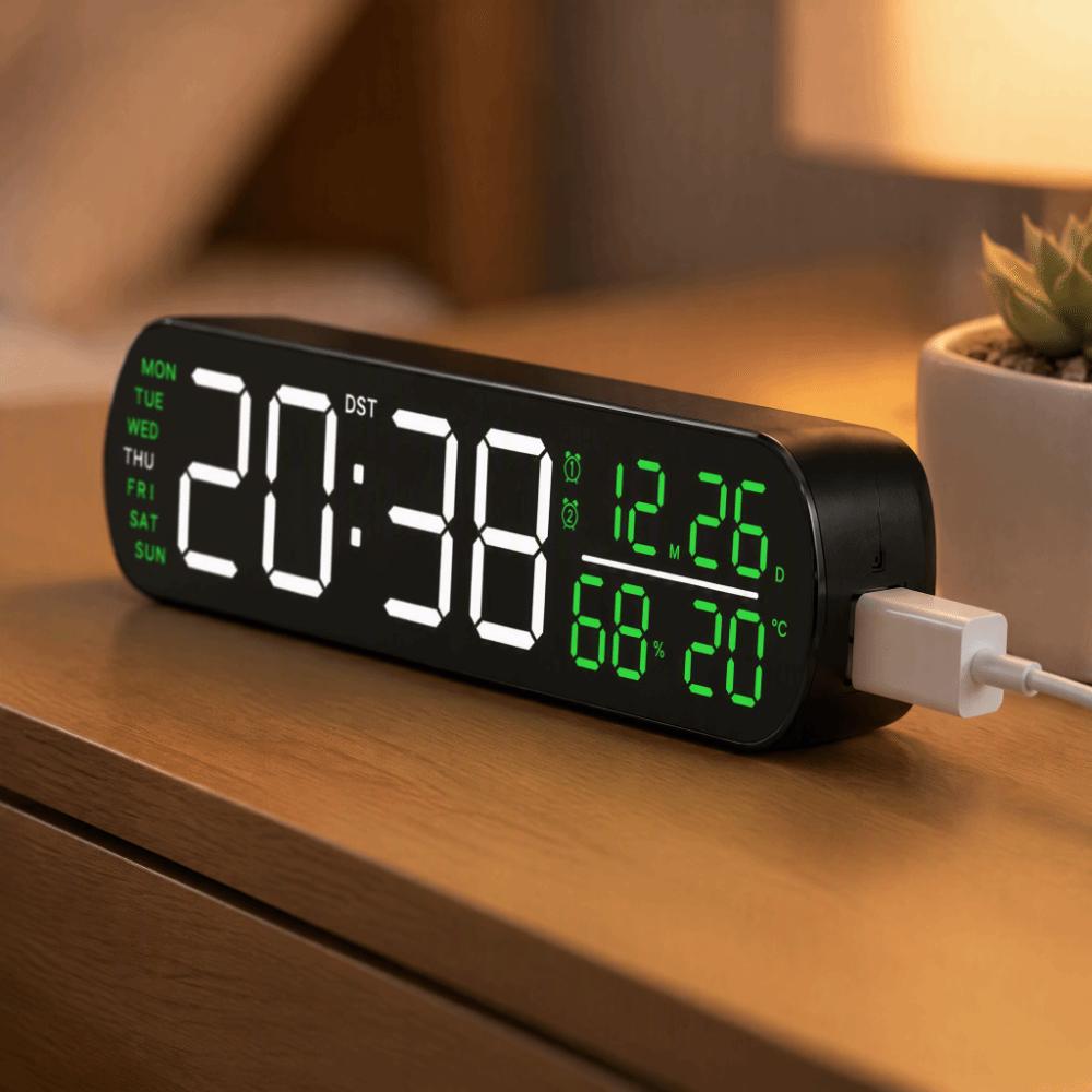Black Shell Green Digital Alarm Clock 26.5x3.5x7cm Table Clock Compact LED Desk Clock  For Bedroom