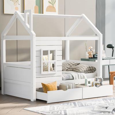 House Bed Children's Bed Youth Bed 80*160 with Fall Protection, Solid Wood Bed for Boys and Girls, with Window and Slatted Frame, White
