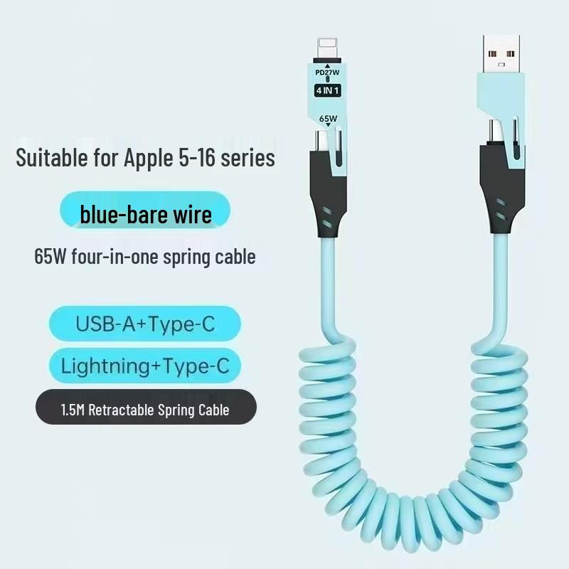 Spring Retractable 4-in-1 Charging Cable for Apple, Android, Huawei – Fast Charging, Dual Compatibility.