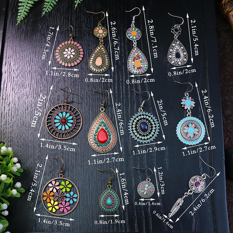 Orecchini Smaltati Colorati Etnici Retrò Bohemien da Donna Boho Fiore Vuoto Geometrico Rotondo Vintage Pendenti Gioielli Regalo