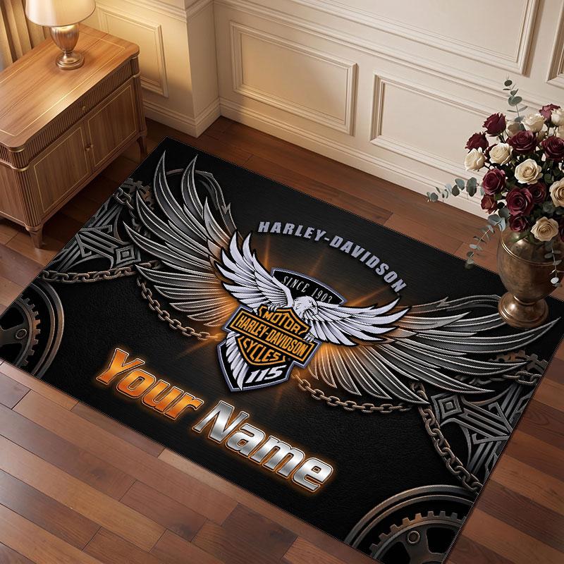 Tappeto in Velluto di Cristallo Personalizzato Harley-Davidson, Tappeto Morbido Antiscivolo con Testo Nome Personalizzato per Soggiorno Camera da Letto