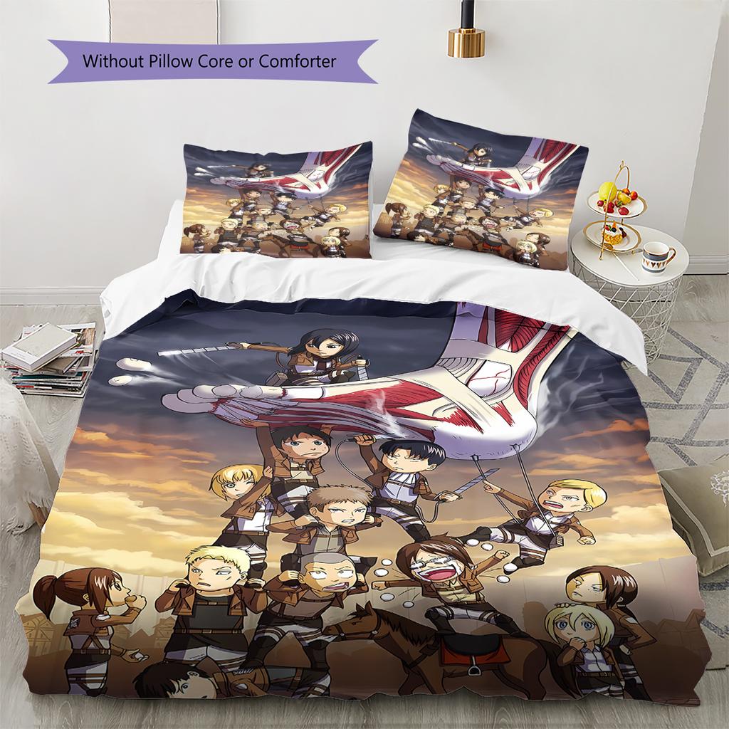 Attack on Titan Pattern Bedding,Quilt Set Quilt Cover Pillowcase Home Birthday Gift (1 * duvet cover + 2 * pillowcase, without core)