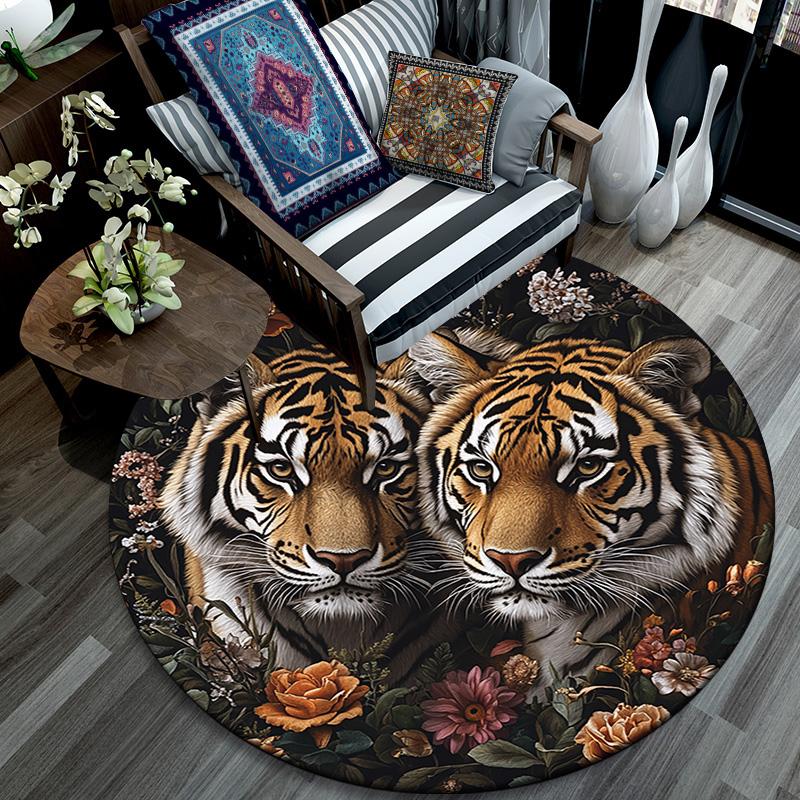 Tiger Artwork Round Area Rug,Carpet Rug for Living Room Bedroom Sofa Playroom Decor,Non-slip Floor Mat