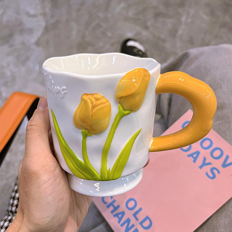 High Value and Light Luxury Tulip Ceramic Cup Creative Flower Girls’ Home Drinking Water Cup Spoon