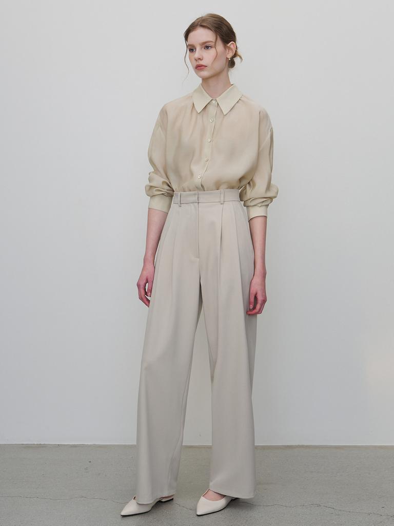 MOMET Leburn Double-Pleated Wide Slacks Ash Beige