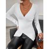 Damen Pullover, modisch, schlank, lässig, einfarbig, langärmelig, V-Ausschnitt, Wickeloptik, gerippter Strickpullover