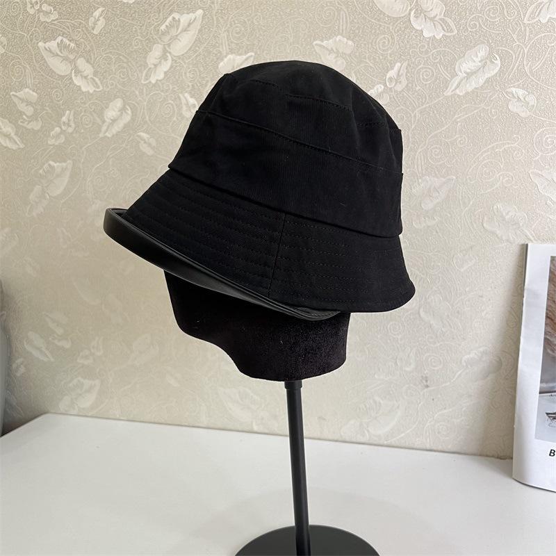 Autumn and Winter Anti-ultraviolet Solid Color Splicing Bucket Hat Thick Cotton Leather Eaves Front Long Rear Short Basin Hat Curling Small Face Hat