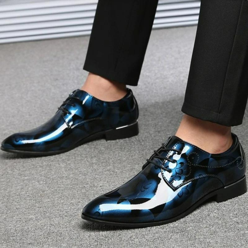 Fashion Retro Floral Pattern Men Dress Shoes High Quality Patent Leather Party Wedding Shoe Lace-Up Oxford Shoes Business Leather Shoes