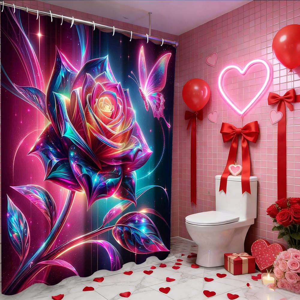 Zasłona prysznicowa Walentynkowa Serce Miłości Róża, wodoodporna zasłona do łazienki z 12 haczykami, dekoracja domu w kształcie ryby