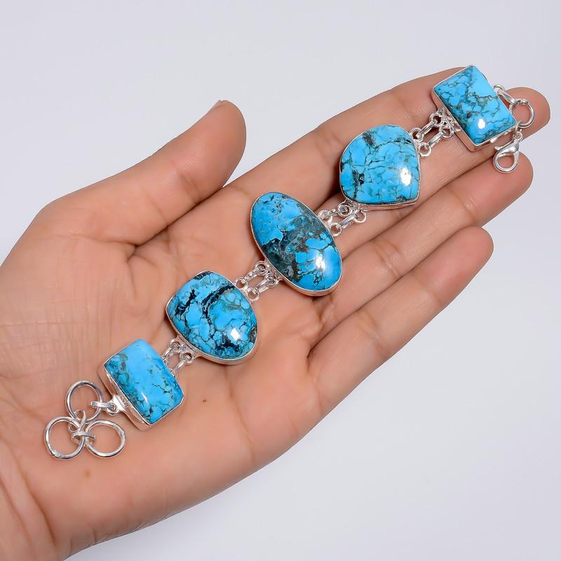 Beautiful Top Grade Qualite 100% Natural Magnesite Turquoise Ethnic Style Handmade Jewelry 925 Steling Silver Plated Bracelet 7-8" WSJ-5166