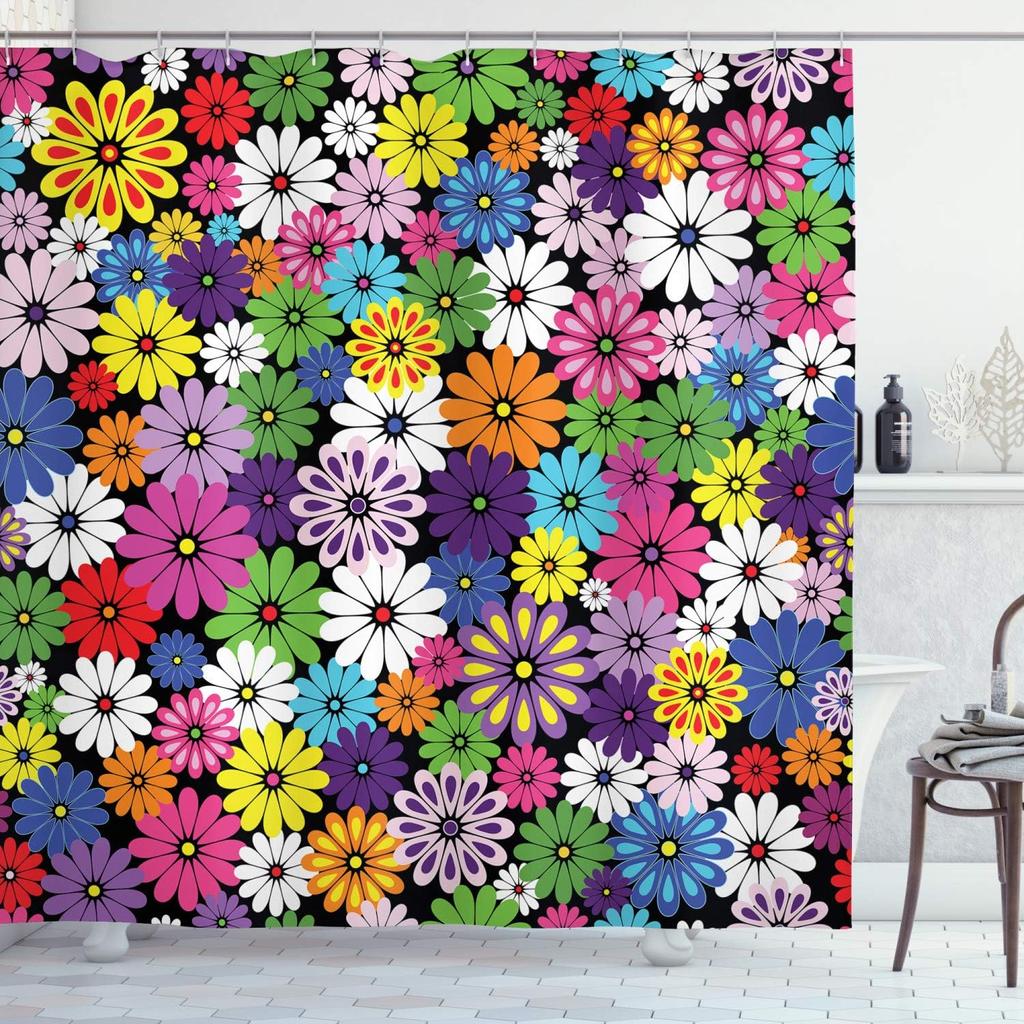 Modern Geometric Floral Waterproof Shower Curtain -Bold Abstract Shapes &Vibrant Flowers for Stylish,Contemporary Bathroom Decor