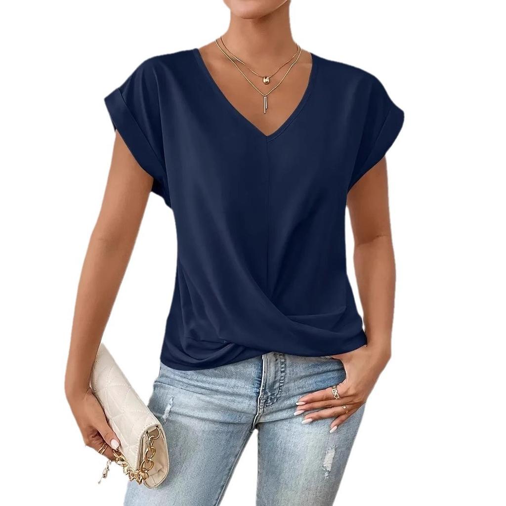 Ladies Summer Short Sleeve V Neck Knot Breathable Solid Color Pullover T Shirt Top