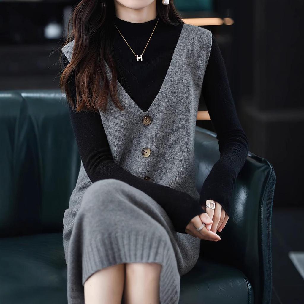 European Size Spring/Autumn Cross-Stitched Knitted Wool Vest Dress for Women