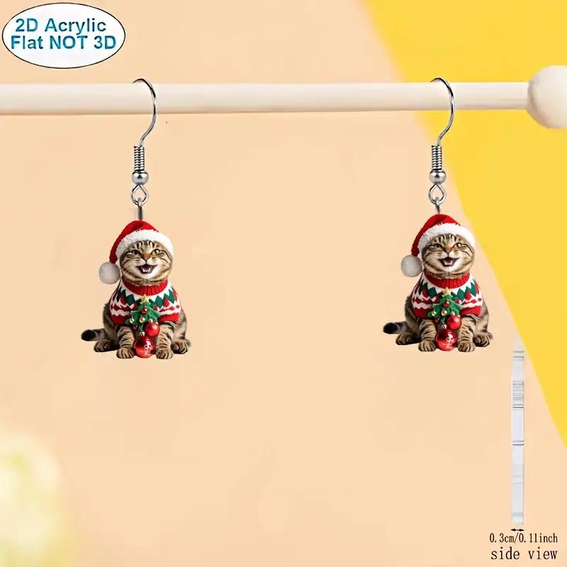 Christmas Kitten Earrings: Acrylic Cartoon Pet Lover Jewelry
