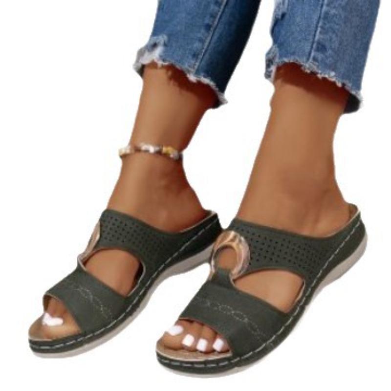 Outer size large size summer slope heel cool slippers sewing line thick bottom women's fashion open-toed beach one-word slippers