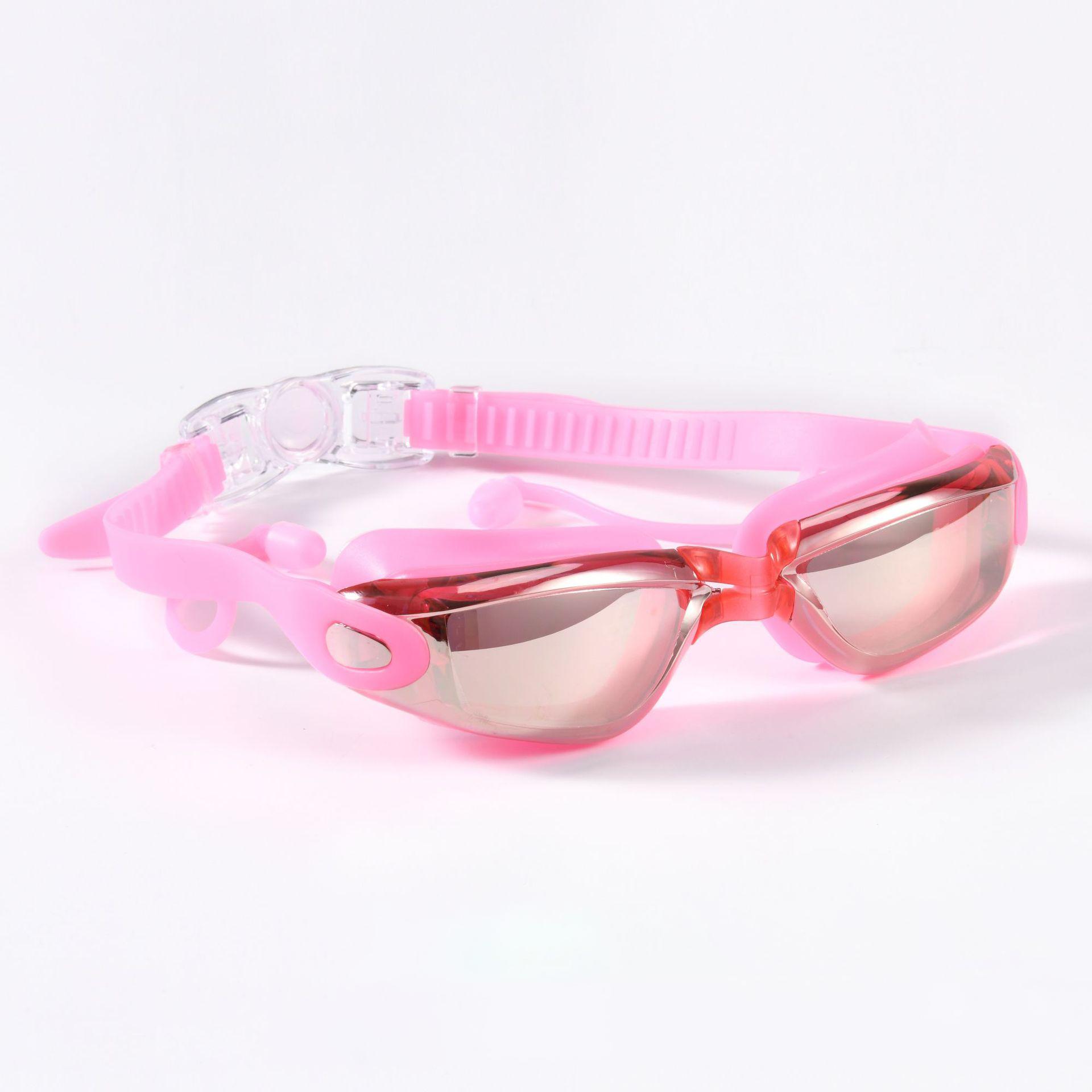 

Очки для плавания с гальваническим покрытием для взрослых, водонепроницаемые противотуманные очки для плавания HD, очки для водного спорта для подростков с затычками для ушей для мужчин и женщин розовый