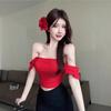 Red Square Neck Small Flying Sleeves Slim and Thin T-shirt Summer New French Sweet Spice Girl Short Top Trendy