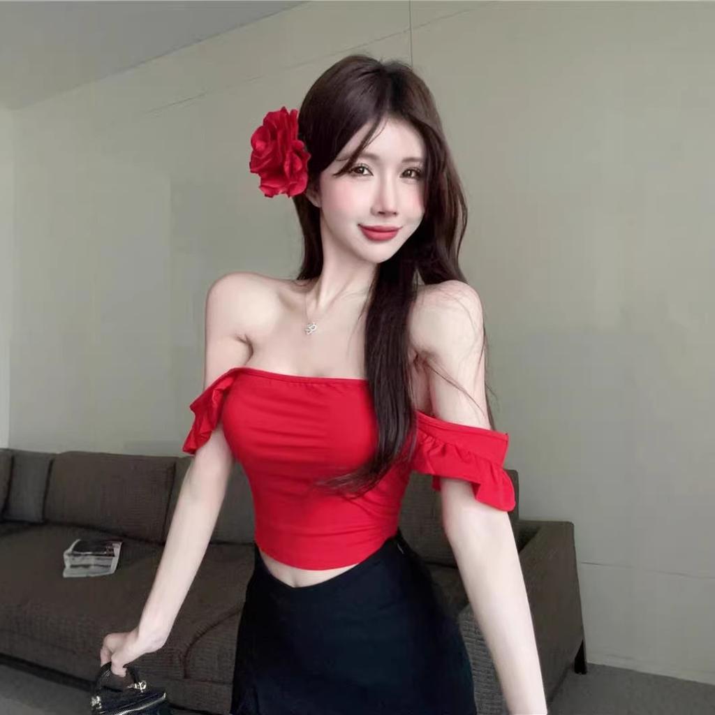 Red Square Neck Small Flying Sleeves Slim and Thin T-shirt Summer New French Sweet Spice Girl Short Top Trendy