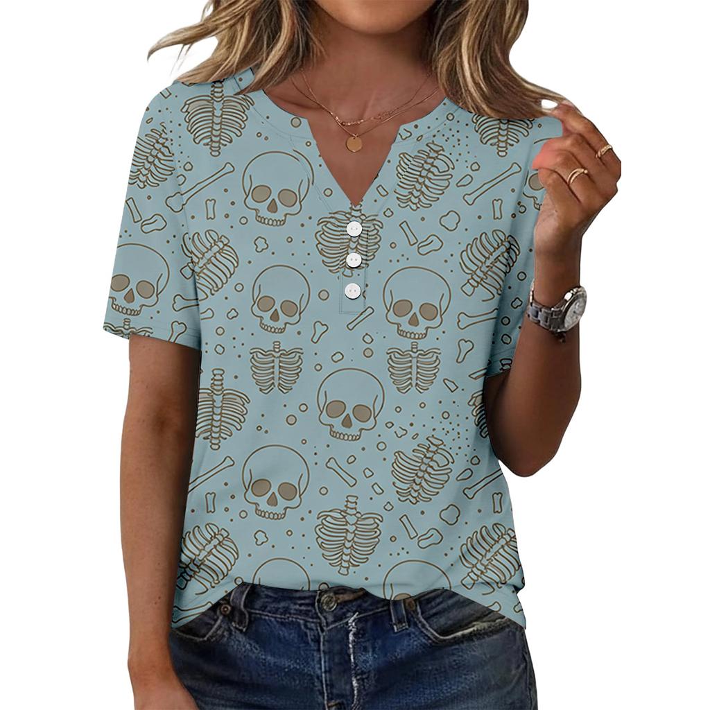 Womens Casual Halloween Print V Neck Short Sleeve Button Front T Shirt Top Lightweight Soft Fabric Comfortable Fit