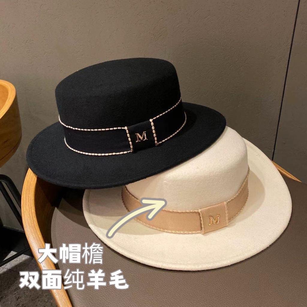 High-Quality M-Standard Eaves Double-Sided Pure Wool Flat-Top Top Top Hat, Autumn And Winter Temperament Elegant Korean Webbing Jazz Hat Tide