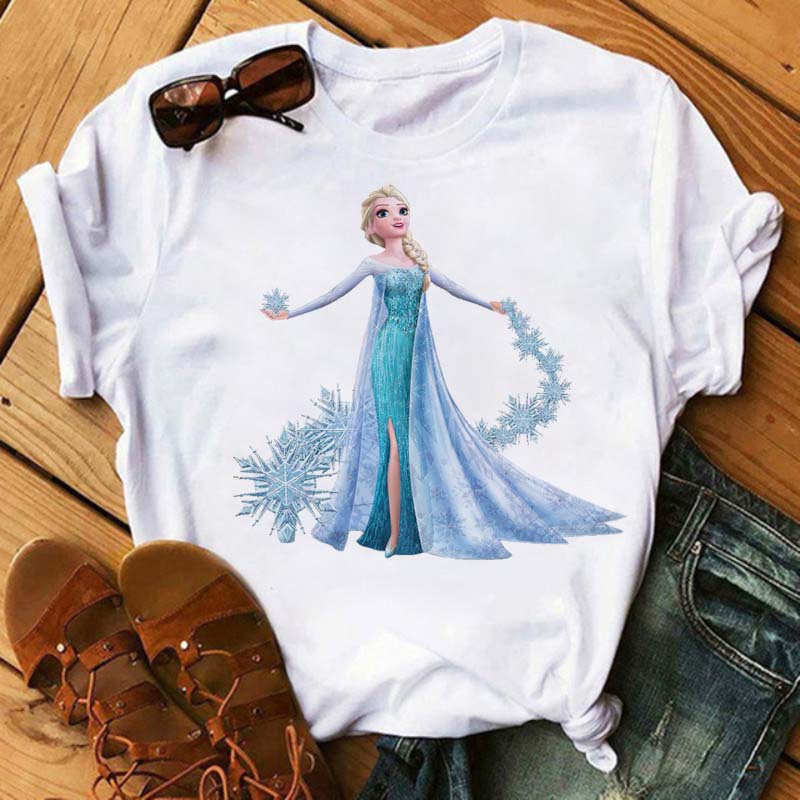 Kawaii Disney Princess Frozen Elsa Anna Print Women Tops Clothes Fashion T Shirt Cartoon Funny Female T-Shirts Children Clothing