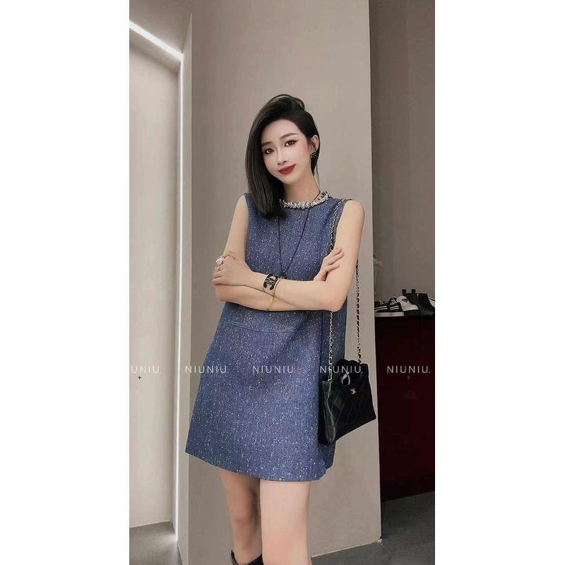 Super White Navy Blue Vest Dress! Elegance Women's Large Rhinestone Round Neck Small A- Line Woolen Dress Fall and Winter