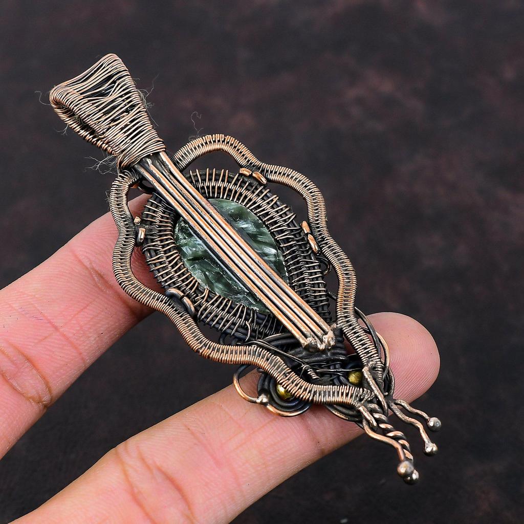 Seraphinite Pendant Copper Wire Wrapped Pendant Handmade Pendant Copper Gemstone Jewelry Unique Style Pendant Gift For Him Wire Wrap Jewelry