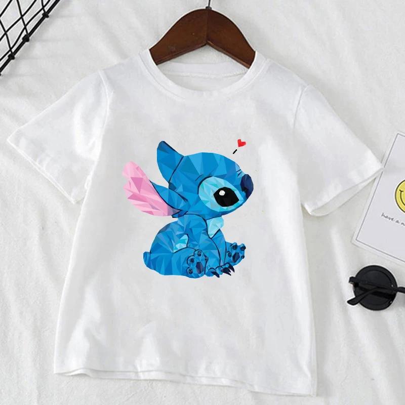 Cute Disney Stitch Print Kids T-shirts Summer White Short Sleeve Boys Girls Tee Shirt Child Cartoon Harajuku Tops Clothes