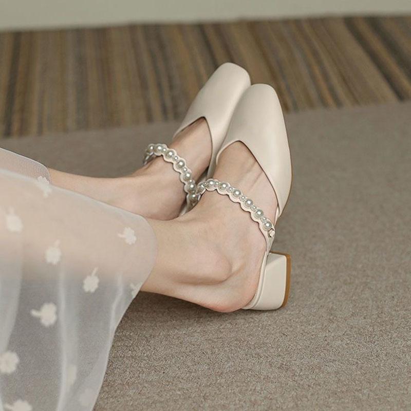 WTEMPO Summer Wrapped Toe Sandals Women's Square Toe Middle Thick Heel Pearl Soft Leather Soft Sole Slippers Fairy Style Comfortable Wear-resistant