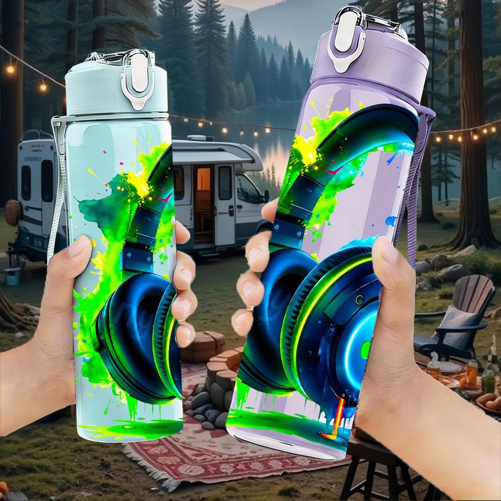 1PC Neon Color Headphone 750ml Color Plastic Sports Water Bottle Leakproof Flip Straw Lid Suitable for Sports Office Home Use