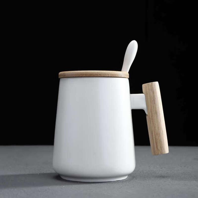 Creative Ceramic Coffee Mug Set with Wooden Handle and Lid