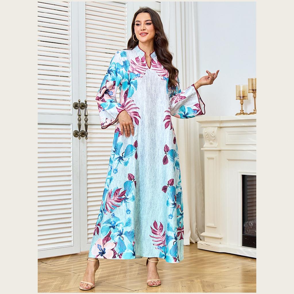 Casual Dresses Arabian Style Elegant Floral Loose Plus Size Casual Maxi Dress for Women, 100% Polyester Fashionable Comfortable Dress