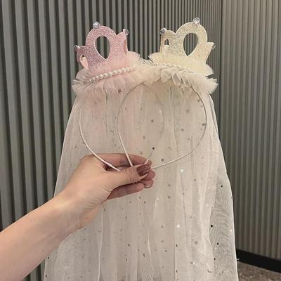 Korean Princess 3D Crown Headband Veil for Birthday Party & Flower Girl